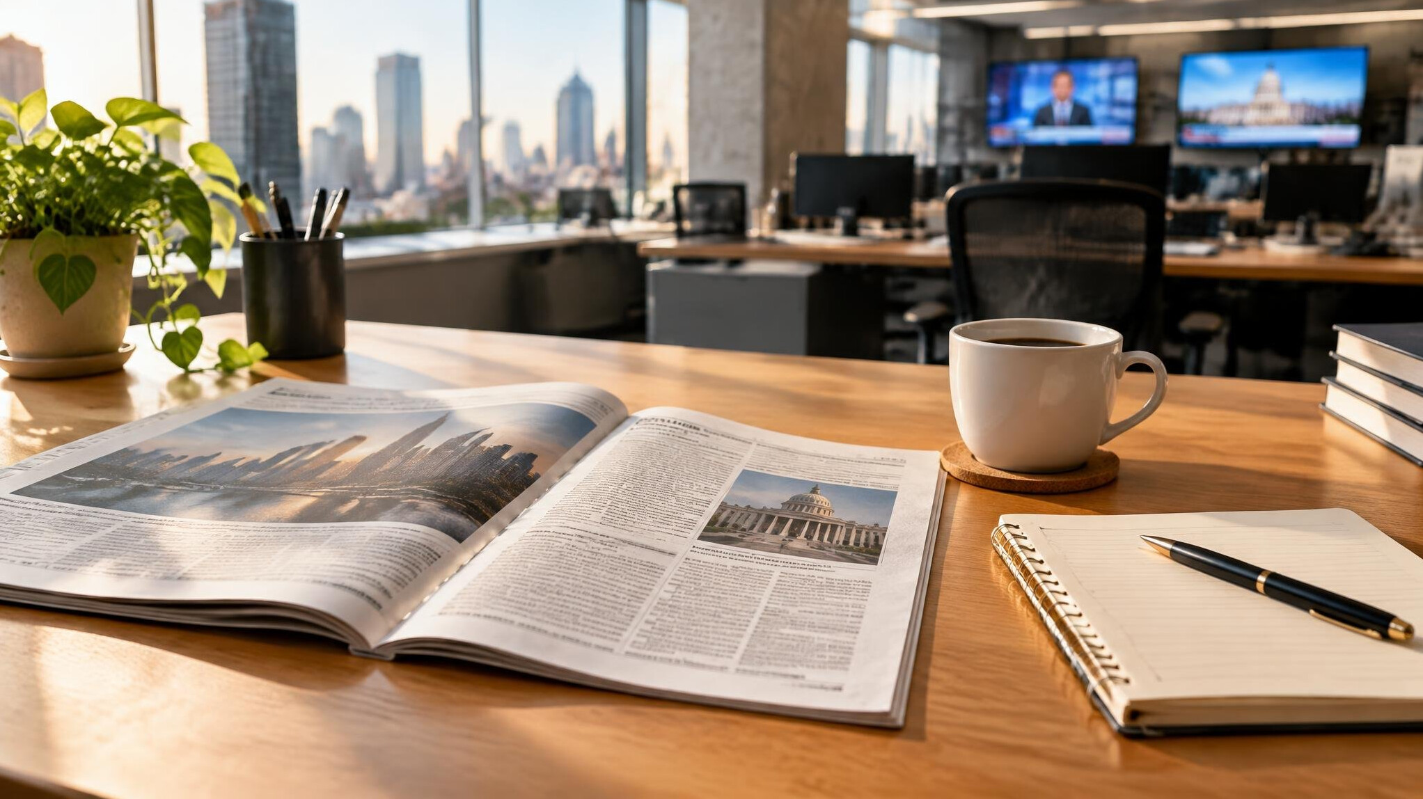 Newspaper and coffee on a desk in a newsroom
