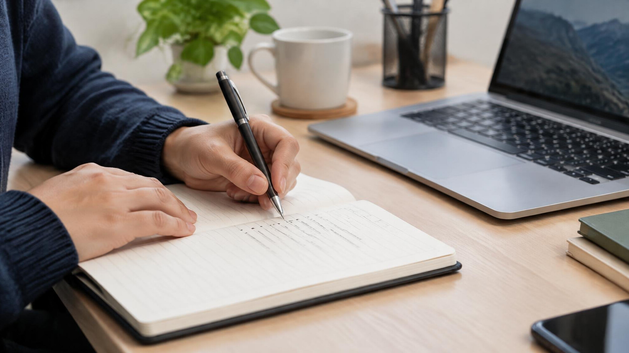 Hands writing in a notebook at a desk