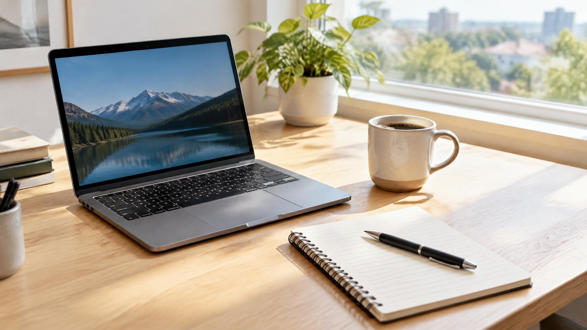 Laptop and coffee on a writing desk