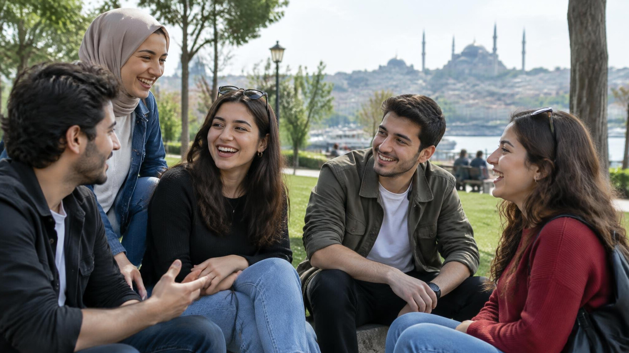 Group of friends talking together outdoors