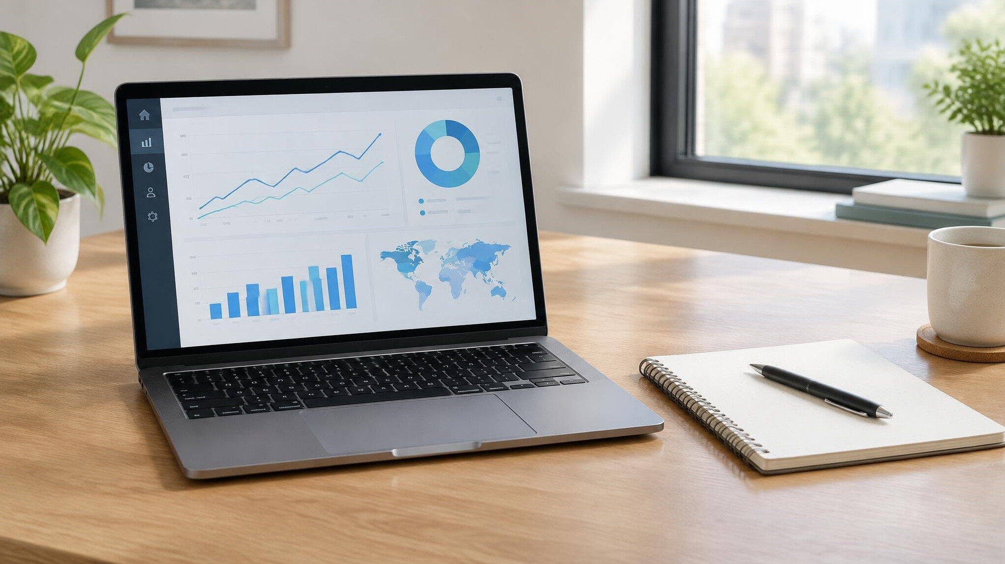 Laptop showing analytics next to a notebook on a desk