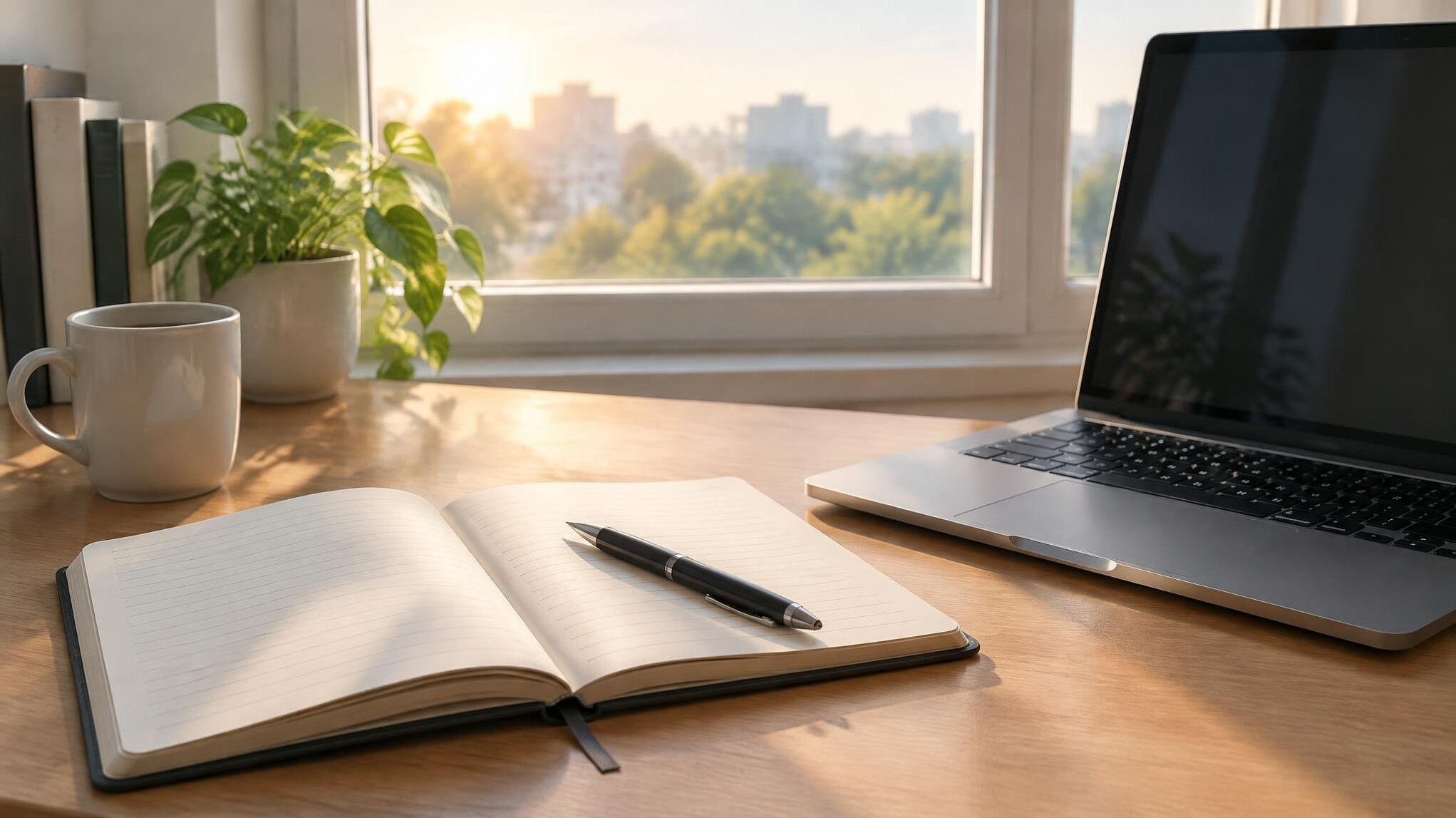Notebook and laptop on a desk by a window